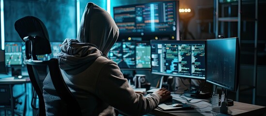 Skilled male thief copying valuable data from hard disk using drive to plant computer malware on multi monitors Young person hacking network system and security server output source - obrazy, fototapety, plakaty