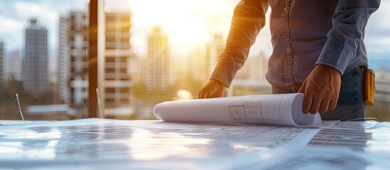 Engineering Consulting People on construction site holding blueprint in his hand Building inspector Construction site check drawing and business workflow of new highrise building