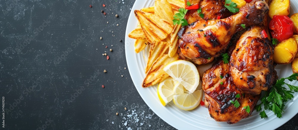 Poster chicken and chips jerk caribbean cuisine on a plate. with copy space image. place for adding text or