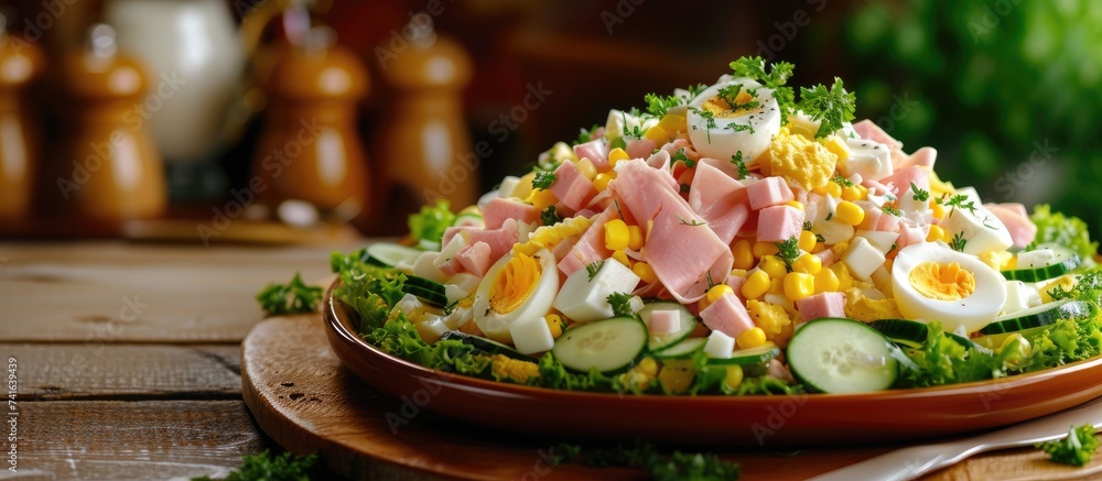 Aufkleber Festive salad with ham cucumber boiled eggs sweet corn and mayonnaise on rustic. with copy space image. Place for adding text or design
