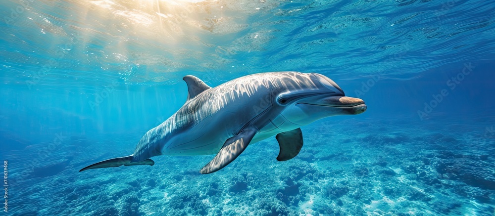 Poster free swimming dolphin tenerife spain. with copy space image. place for adding text or design