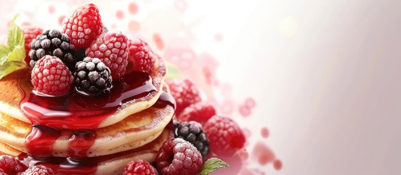 Delicious homemade golden pancakes with fresh blackberries raspberries and raspberry syrup Extreme shallow depth of field. with copy space image. Place for adding text or design