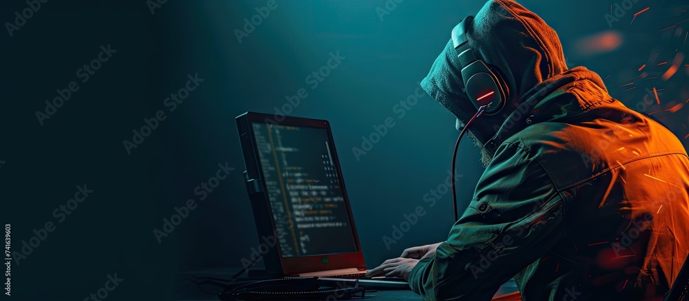 Poster Male hacker hacking security firewall late in office. with copy space image. Place for adding text or design