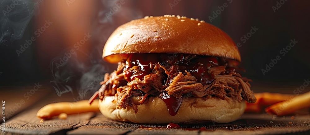 Poster A delicious pulled pork sandwich with barbecue sauce on a bun. with copy space image. Place for adding text or design