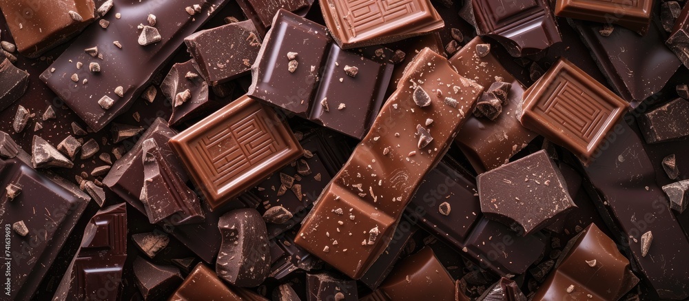 Poster pile of assorted chocolate bars close up. with copy space image. place for adding text or design