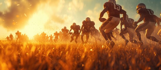 American Football Field Two Teams Compete Players Pass and Run Attacking to Score Touchdown Points Professional Athletes Fight for the Ball Tackle Dramatic Golden Hour Shot. with copy space image