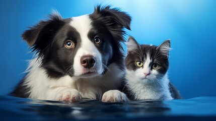 British Shorthair cat kitten and a border collie dog with happy expression together on blue background, banner, looking at the camera