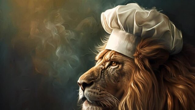 video of a lion wearing a chef's hat