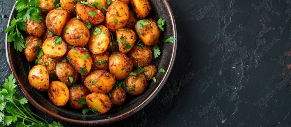 Poster close up view of bombay potatoes pan fried little baby potatoes with jeera seeds and coriander in pa
