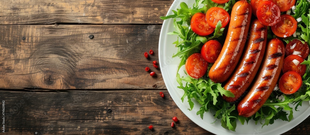 Aufkleber Sausages frankfurter and salad on plate closeup. with copy space image. Place for adding text or design