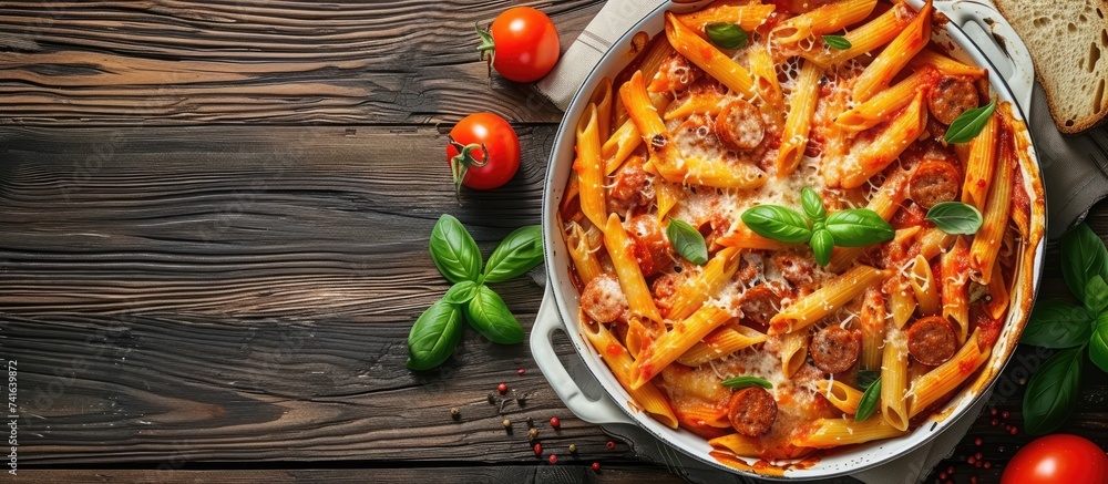 Aufkleber baked spaghetti pasta with sausages in tomato sauce in the oven dish copy space. with copy space ima
