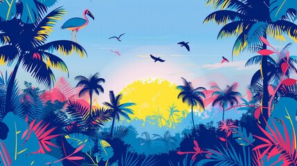 Fototapeta na wymiar A colorful poster design depicting an exotic tropical landscape with tall palm trees, tropical birds and a vibrant blue sky. 