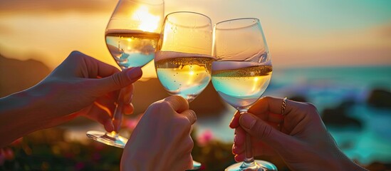 Group of friends with white wine in hands clinking with glasses Close up of hands and drinks Beautiful scenic sunset. with copy space image. Place for adding text or design