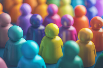 A diverse group of wooden statuette stand next to each other in a lively display of unity and diversity.