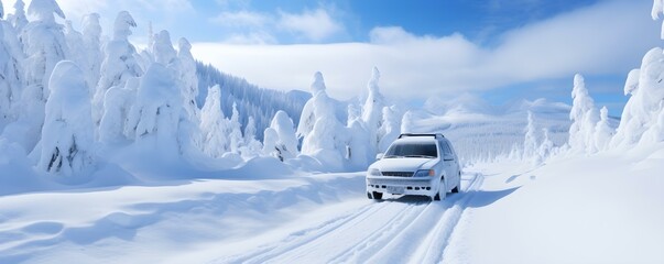 Vehicle stranded in heavy snow on remote mountain pass winter driving hazard. Concept Winter Driving, Snowstorm Rescue, Mountain Pass, Vehicle Stranded, Emergency Assistance