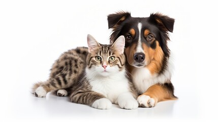 Cat and dog together posing on a white background
