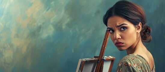 Young hispanic woman standing by painter easel stand disgusted expression displeased and fearful doing disgust face because aversion reaction. with copy space image. Place for adding text or design - obrazy, fototapety, plakaty