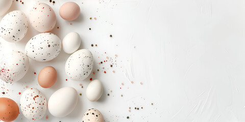 Naklejka na ściany i meble Raw eggs on a marble table Elegant Easter flat lay composition.AI Generative