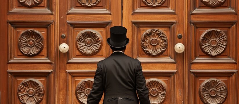 Back view of African American lord wearing top hat opening carved wooden doors and entering mansion copy space. with copy space image. Place for adding text or design