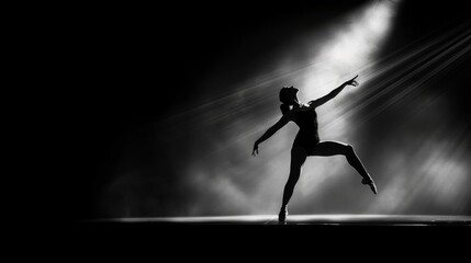 A dynamic ballet dancer captured mid-motion, her silhouette highlighted by a single beam of light on a dark stage.