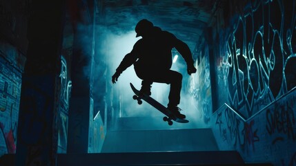 Silhouette of a skateboarder executing a mid-air trick in a graffiti-filled urban skatepark, surrounded by atmospheric blue lighting.