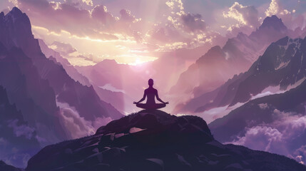 The silhouette of a person in meditation perched atop a mountain, surrounded by the serene beauty of nature with a mesmerizing sunset in the backdrop.