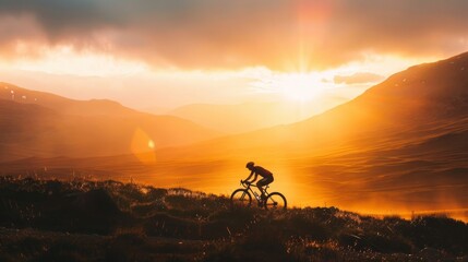 A mountain biker conquers the terrain as the sun sets, casting a fiery glow over the vast mountain landscape, symbolizing determination and adventure.