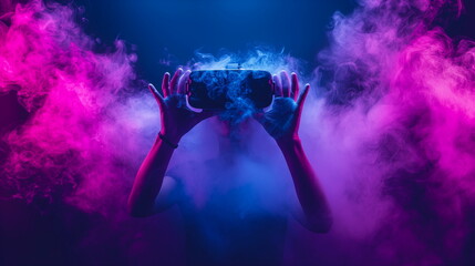 Person wearing virtual reality headset enveloped by colorful smoke against a dark background - obrazy, fototapety, plakaty
