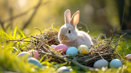 Easter Eggs in a flower field with white bunny