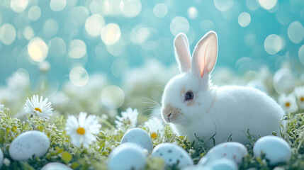 Easter Eggs in a flower field with white bunny