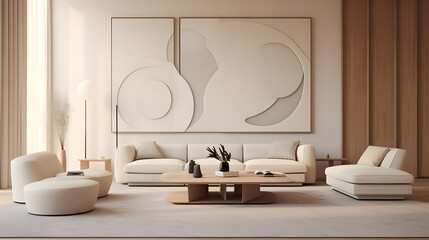 A minimalist living room with frames showcasing abstract sculptures, adding a sense of artistic intrigue to the sleek design.