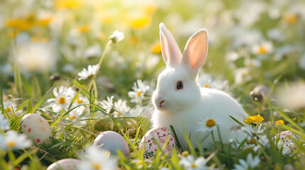 Fototapeta premium Easter Eggs in a flower field with white bunny
