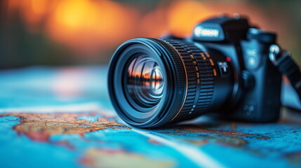 Fototapeta na wymiar DSLR camera lens focused on a world map with a warm, blurred background suggesting travel and exploration