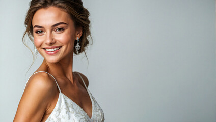 happy smiling beautiful woman in a elegant dress looking at the camera on a clean background