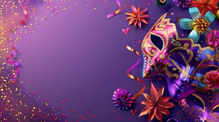 Postcard Happy Purim, Jewish holiday carnival fair background with carnival masks and traditional Jewish items, abstract background. Banner on a purple background.