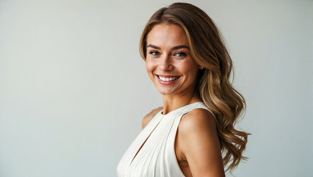 happy smiling beautiful woman in a elegant dress looking at the camera on a clean background