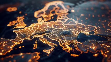A digital map of Western Europe adorned with luminous pathways, representing the region's central role in the global exchange of goods and ideas - obrazy, fototapety, plakaty