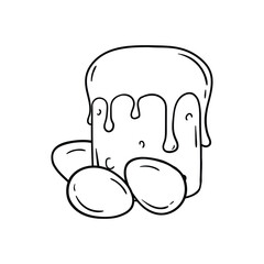 Coloring book with Easter cake and eggs. Black and white vector hand drawn illustration. Holiday greeting card.