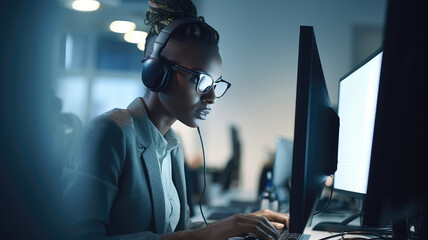 African woman with headset working in call center