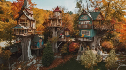Fototapeta na wymiar Whimsical treehouse village among vibrant autumn trees