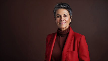 Middle Eastern woman in 50s, black-gray hair, red jacket