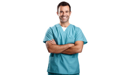 Happy male nurse or doctor in scrubs with his arms crossed - 741642206