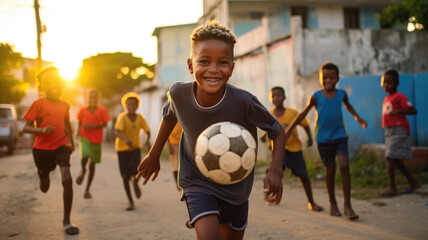 Joyful children playing street soccer at sunset, radiating pure happiness - obrazy, fototapety, plakaty