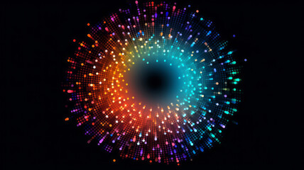 Rainbow-colored abstract circle of dots on dark background