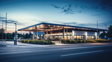 Exterior of modern German gas station on a calm evening - obrazy, fototapety, plakaty