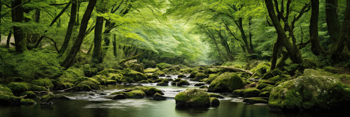 Tranquil forest stream surrounded by lush green trees