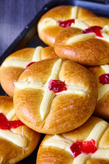 Freshly Baked Cream and Jam Buns Close-Up