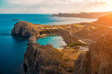Aerial view on Saint Paul's bay in Lindos, Rhodes, Greece. - obrazy, fototapety, plakaty