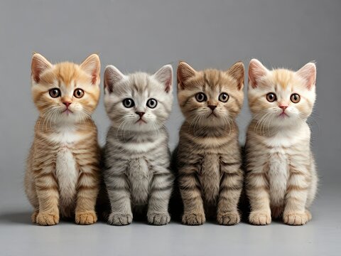 Row of 4 various colored British Shorthair cat kittens, standing and sitting together. All facing camera. Isolated on on white backgroun