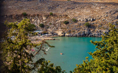 Picturesque view of Lindos Bay surrounded by mountains.